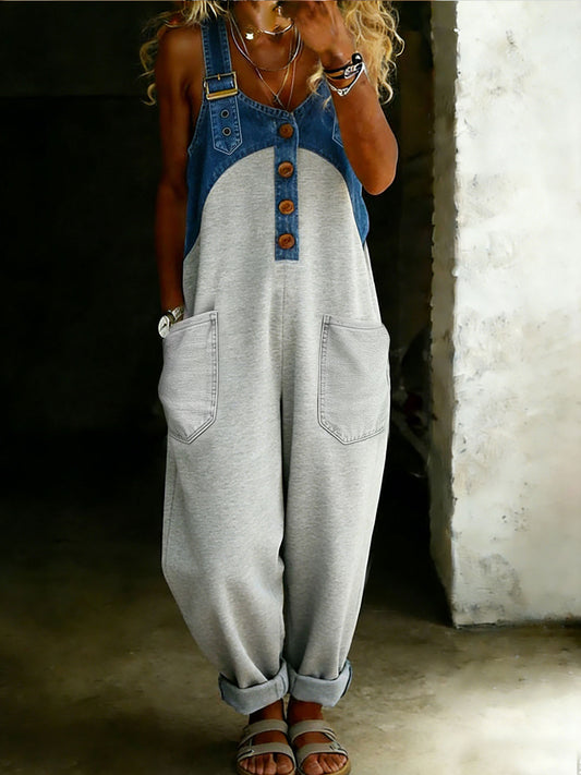Women’s Casual One Piece Denim Denim Patchwork Jumpsuit