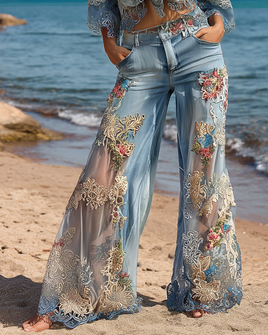 Summer Holiday Star and Moon Embroidered Lace Pants e46c