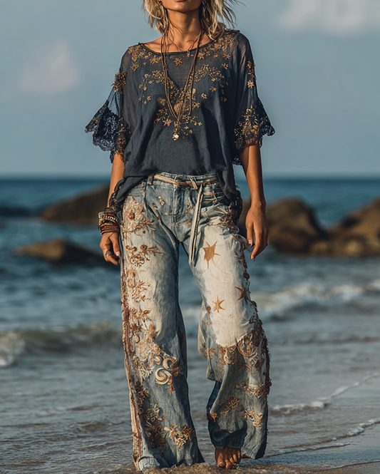 Summer holiday star and moon embroidered contrasting color patchwork pants and top two-piece set 1431