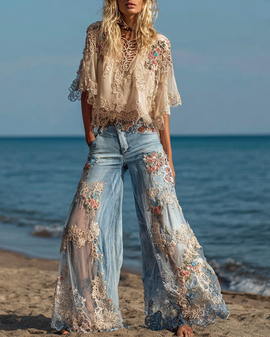 Summer Vacation Floral Embroidered Lace Pants & Top Two-Piece Set ae54