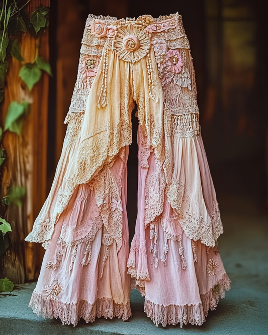 Summer Vacation Ruffle Lace Patchwork Pants  ba34