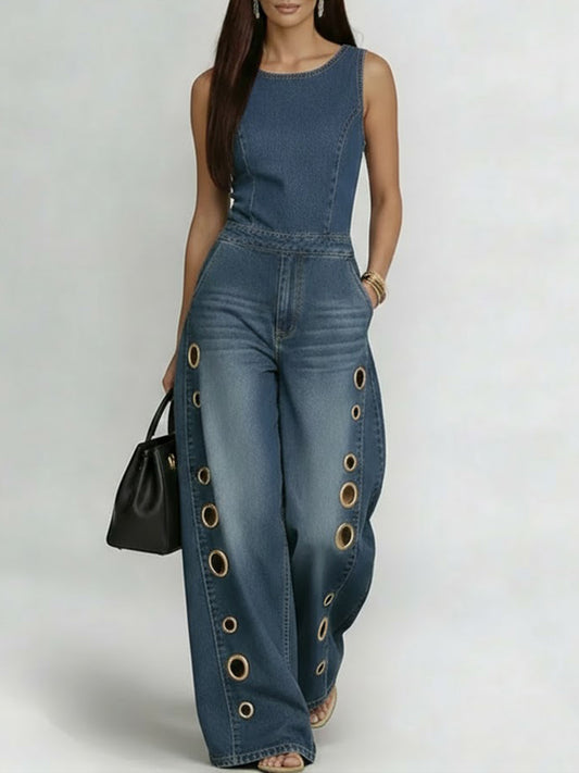 Women's Round Neck Sleeveless Casual Loose Denim Wide-leg Jumpsuit